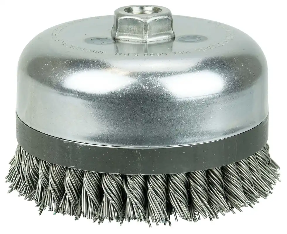 Weiler 12676 Banded Extra Double Row Heavy Duty Cup Brush, 6 in Dia Brush, 5/8-11 UNC Arbor Hole, 0.023 in Dia Filament/Wire