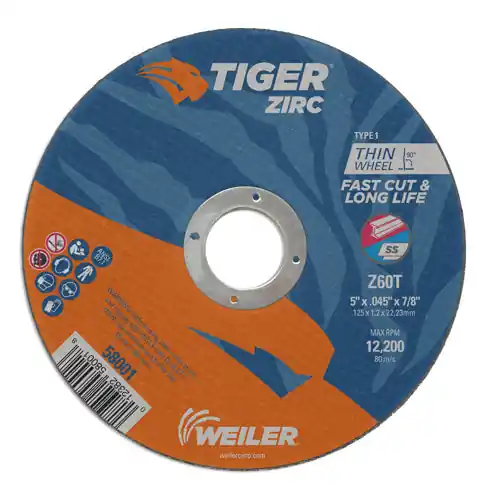 Weiler 58001 Tiger Zirc Type 1 Cutting Wheel - 5 inches Diameter, 0.045 inches Thickness