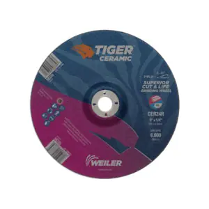 Weiler 58333 Tiger Depressed Center Grinding Wheel 9 in Dia x 1/4 in THK 7/8 in Center Hole 24 Grit