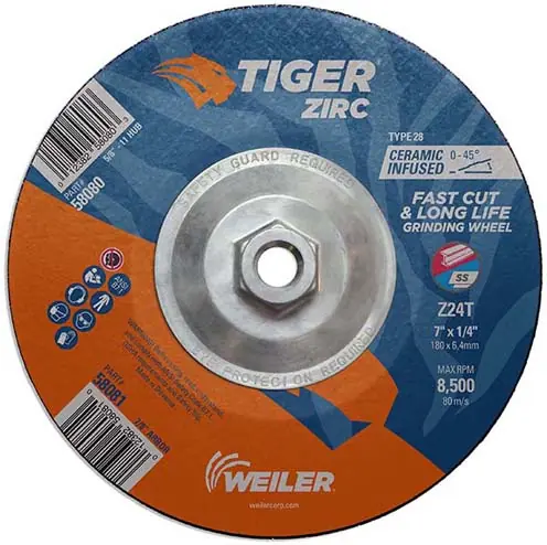 Weiler 58081 Tiger 58081 Performance Line Depressed Center Grinding Wheel 7 in Diameter Replacement MPN