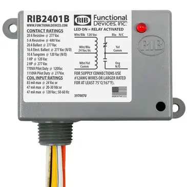 FUNCTIONAL RIB2401B Enclosed Relay 20Amp SPDT 24Vac/dc/120Vac