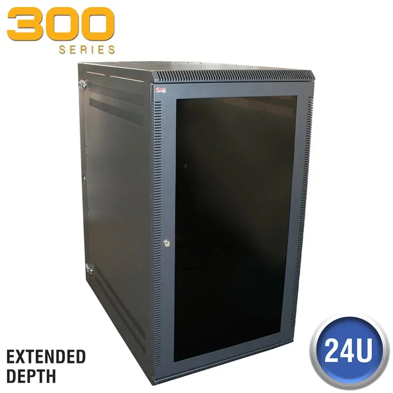 Multiple WM3019-24-02D MWC WM3019-24-02D Swing Out Wallmount Cabinet 24U High 30.5 Deep Black W/Fan