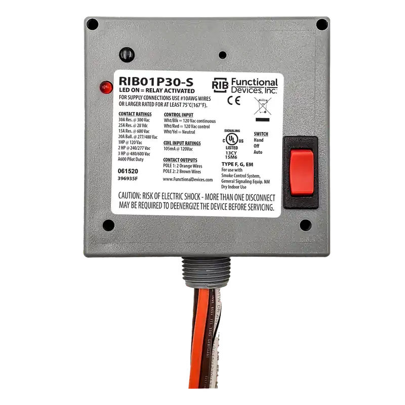 FUNCTIONAL RIB01P30-S Enclosed Relay 30Amp DPST + Coil Side Override 120Vac