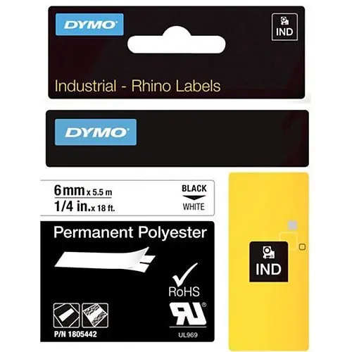 DYMO 1805442 Rhino White Polyester Tape 1/4 inch Black Text on White Label