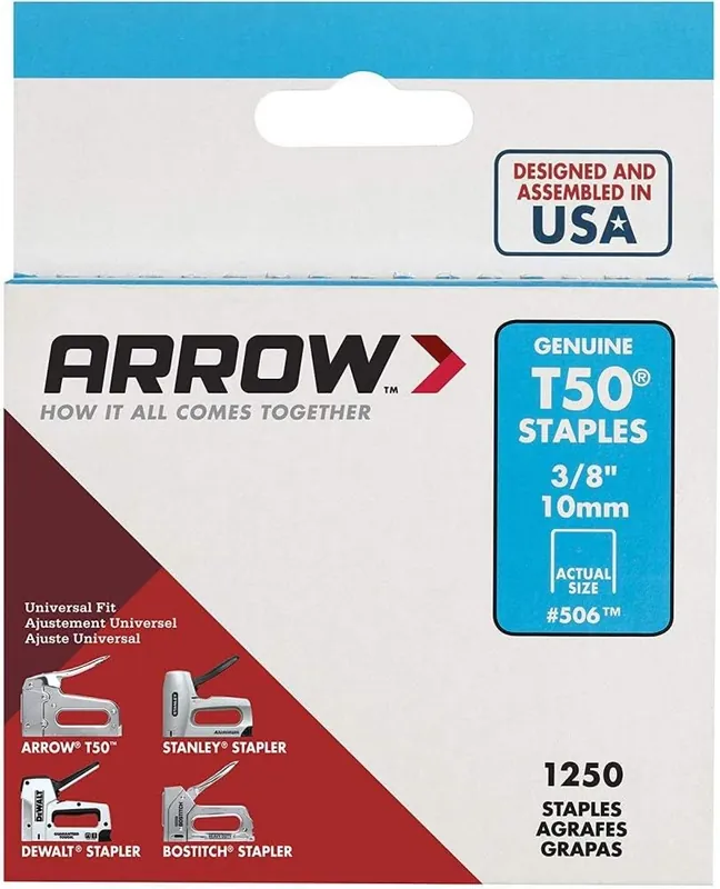 Arrow Fastener 506 T50 3/8 Inch Flat Crown Heavy Duty Steel Staples 1250 Pack
