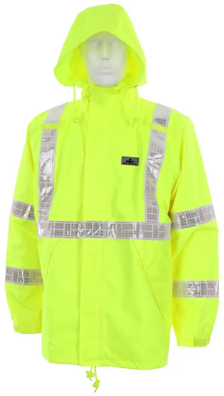 MCR Safety MCRSA-598RJH-2X Luminator 598RJH 1-Piece Rainwear Jacket With Attached Drawstring Hood, Unisex, 2XL, Fluorescent Lime/Silver Reflective Stripe