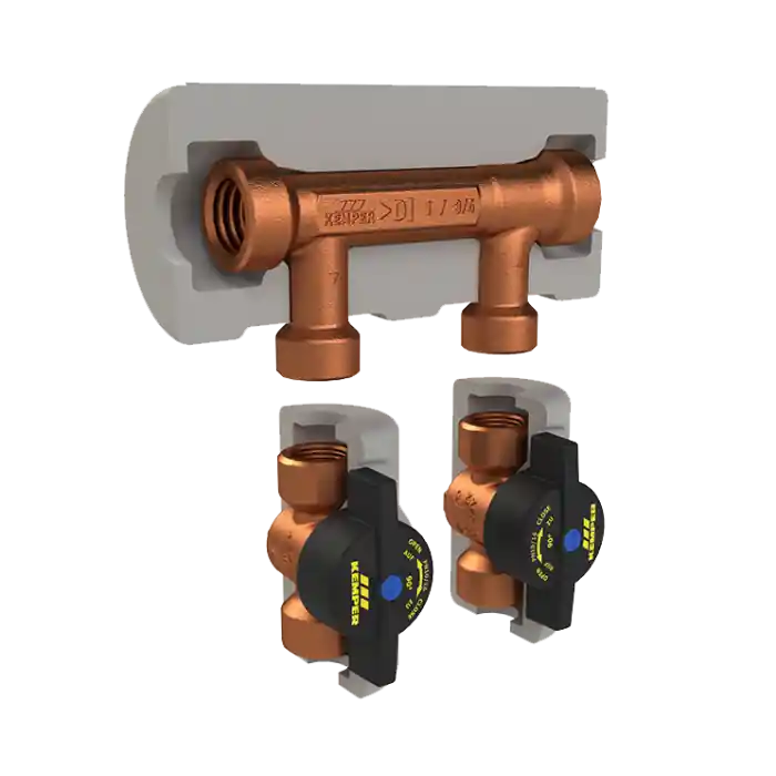 Kemper 6510604000 Flow-Splitter 1 1/2 main x 1 loop FPT with 1/4 turn stop valves