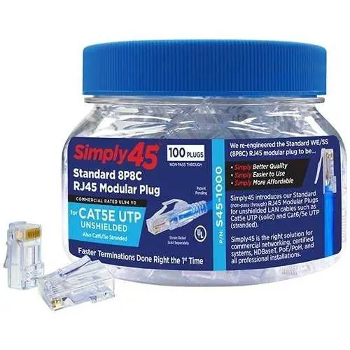 Simply45 S45-1000 CAT5e Unshielded Standard WE, SS RJ45, 100-Pack