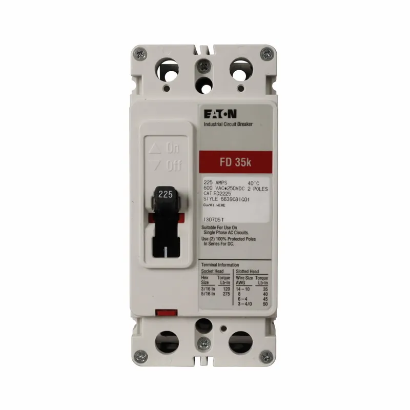 Eaton FD2090L Eaton Series C complete molded case circuit breaker, F-frame, FD, Complete breaker, Fixed thermal, fixed magnetic trip type, Two-pole, 90A, 600 Vac, 250 Vdc