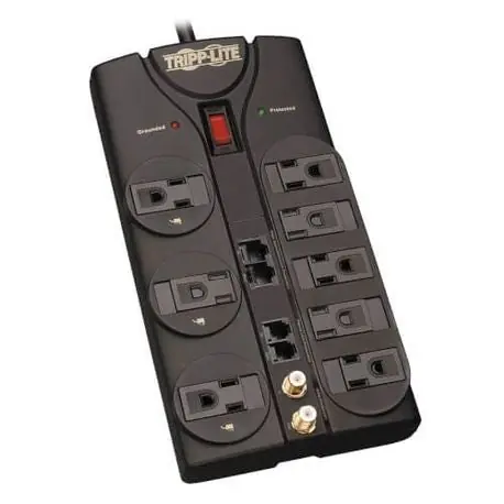 Tripp Lite TLP810NET Protect It! Surge Protector With Right-Angle Plug, 120 VAC, 15 A, 8 Outlets, 10 ft L Cord