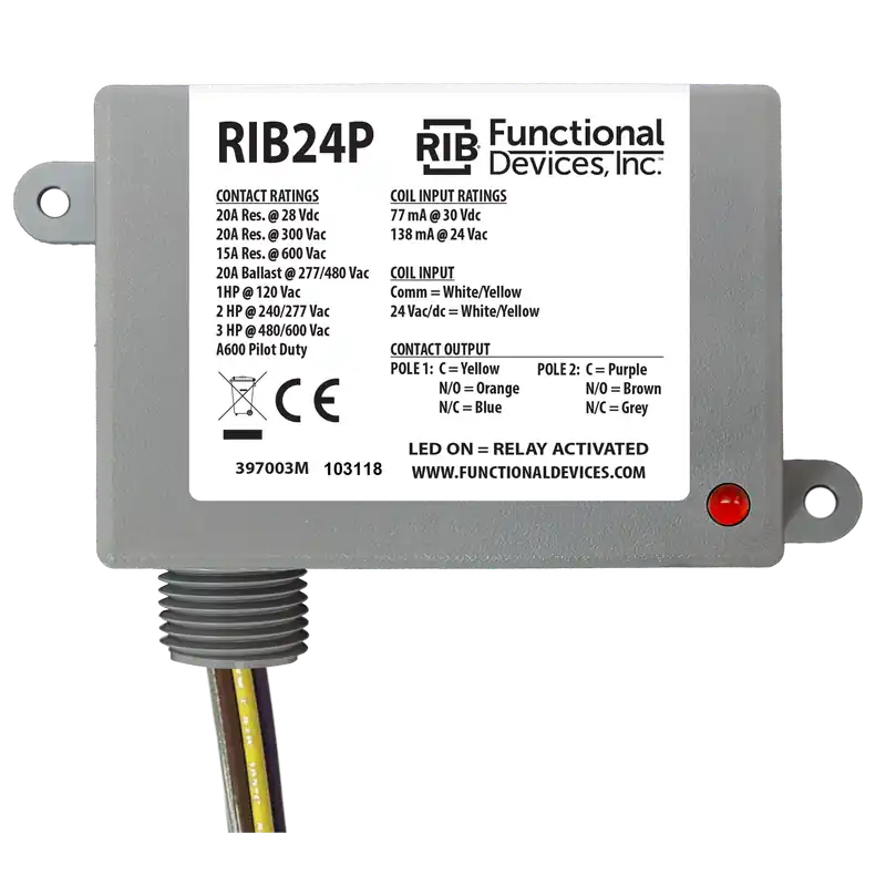 FUNCTIONAL RIB24P Enclosed Relay 20Amp DPDT 24Vac/dc