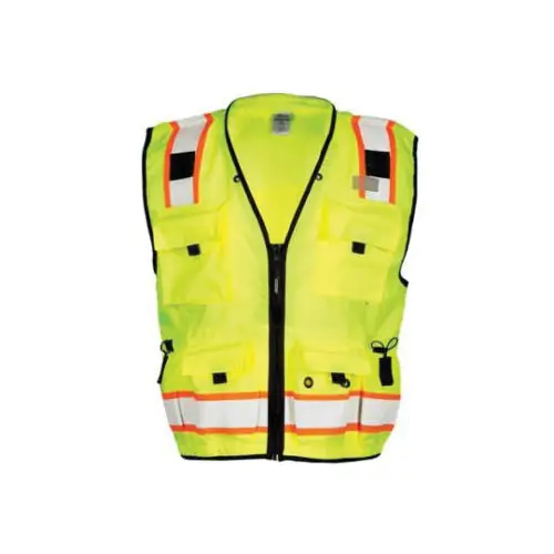 ML Kishigo S5000-2X Professional Surveyor Safety Vest With Trim, 2XL, Hi-Viz Lime, Polyester, Front Zipper Closure, 14 Pockets, ANSI Class: Class 2, ANSI 107 Type R