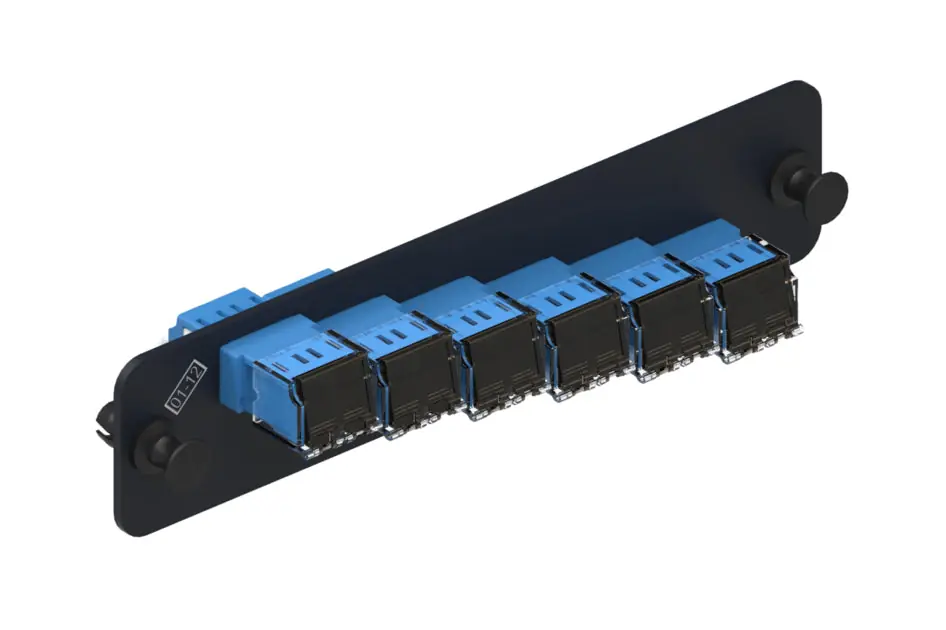 COMMSCOPE 760067165 PNL-BK-012-SFA-LC02-BL-SHUTTERED Fiber Adapter Panel, 1000-Type, 6 Teraspeed Single-mode Duplex LC, 6 Fiber, Blue Adapter