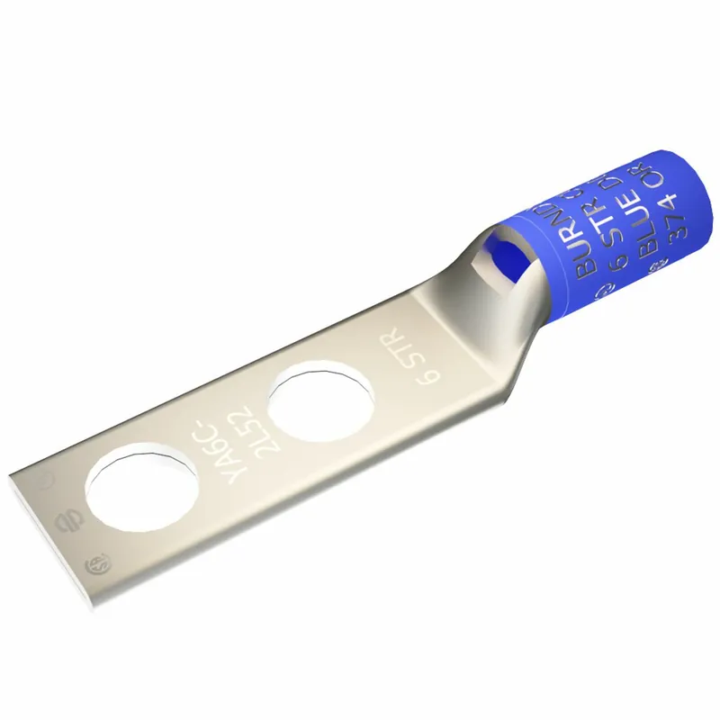 BURNDY YA6C2LN 6 AWG CU, Two Hole, 1/2 Stud Size, 1-3/4 Hole Spacing, Standard Barrel, Inspection Window, Internal Chamfer, Tin Plated, UL/CSA, 90?C, Up to 35kV, Blue Color Code, 7 or 374 Die Index.