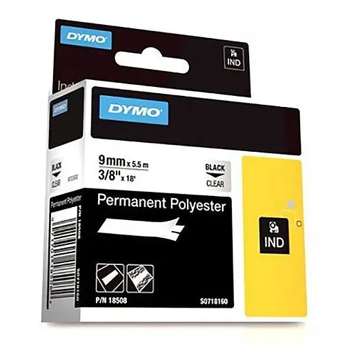 DYMO 18508DMO Rhino Label Tape Cartridge Black on Clear 18 ft L