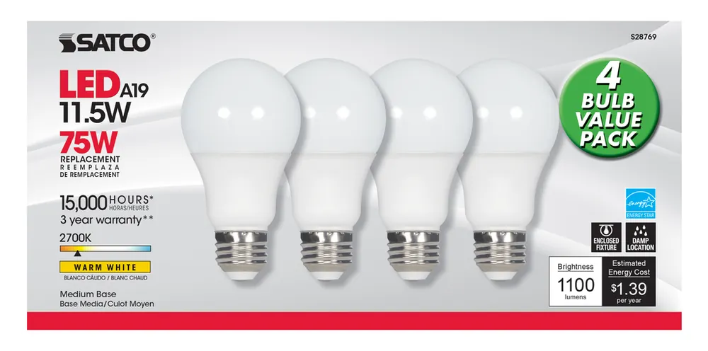 Satco S28769 A19 LED 11.5 Watt 2700K 4-pack