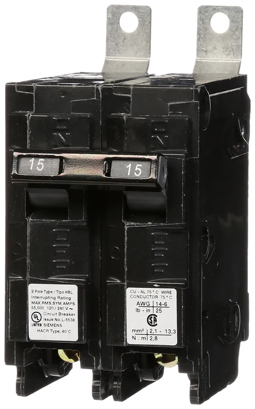 Siemens B215HH 2-Pole 15 Amp 120/240 VAC 65 kA Bolt-On Molded Case Circuit Breaker
