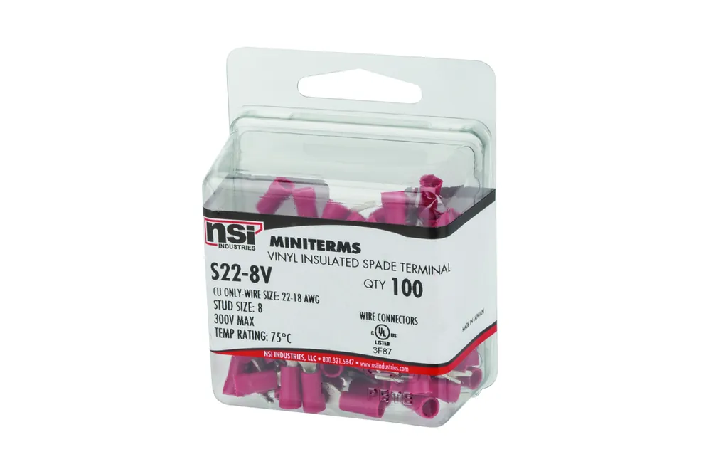 NSI Industries S22-8V #8 Stud 22 to 18 AWG Red Vinyl Insulated Spade Terminal
