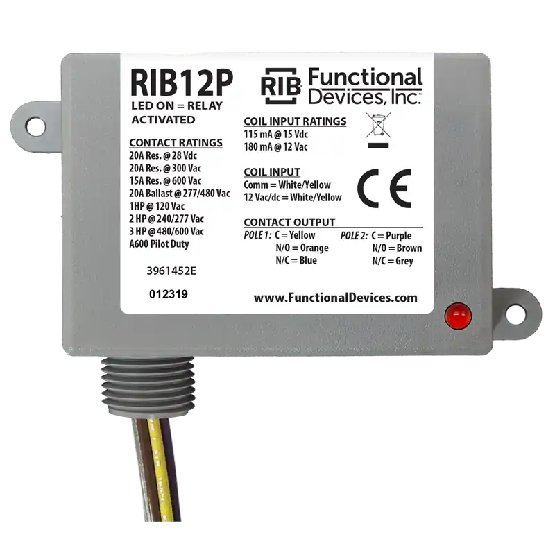 FUNCTIONAL RIB12P Enclosed Relay 20Amp DPDT 12Vac/dc