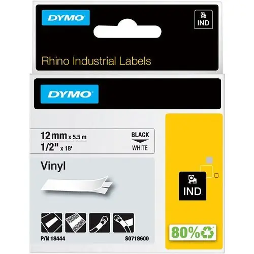 DYMO 18444 Rhino Industrial Vinyl Label Tape 1/2 Inch by 18 Feet Black on White
