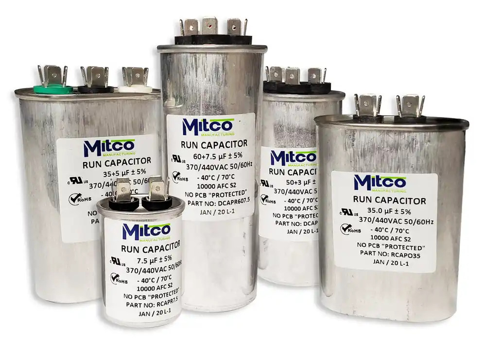Mitco DCAPR403 Dual Run Round Capacitor 40+3 MFD 370/440 VAC Metal Spade Connection