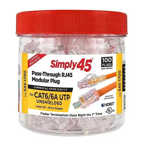 Simply45 S45-1700 Cat6/6a Unshielded, Staggered, Pass Through RJ45, 100-Pack
