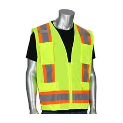 Protective Industrial Products 302-0500M-LY/2X Class 2 Mesh Vest, Zipper, 11 Pockets, Mic Tab, Two Tone Tape, Yellow, 2XL