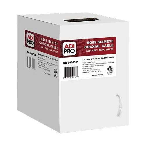 ADI PRO RN-7000501 RG59 CCA and 18/2 Siamese Coaxial Cable, 500' Reel in Box, White